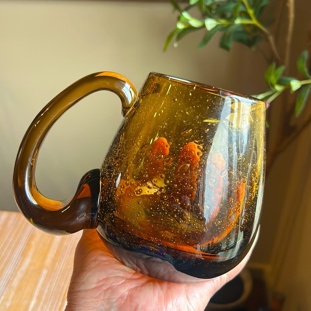 Vintage Hand Blown Amber Glass Mug Large Handle Smooth Pontil Heavy - Picture 13 of 13